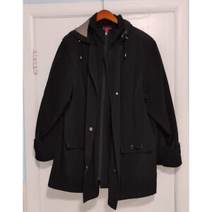 Gallery Petite Women's Black Trench Coat Size 1X with Shoulder Pads & Pockets